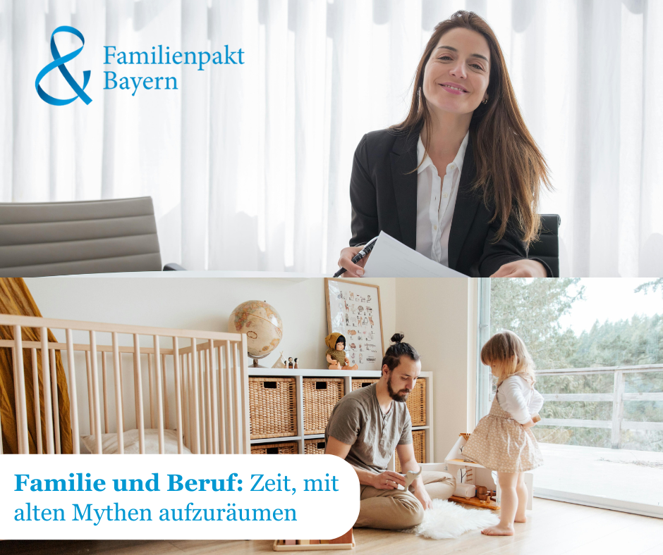 Ein Bild mit Mutter im Büro und Vater beim Kind zuhause